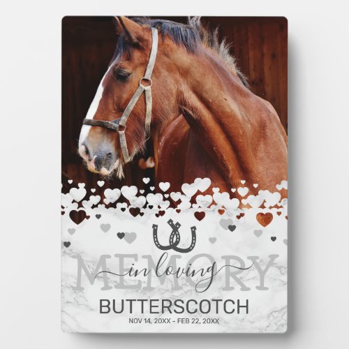 Custom Memorial Pet Horse Photo Plaque - Personalized horse photo plaque featuring a modern marble heart patterned background, a treasured picture of your beloved horse, horseshoes, the saying "in loving memory", your pets name, and dates.