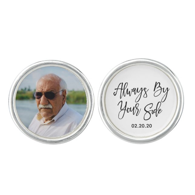 Custom Memorial Photo Text Groom Black Script Cufflinks (Front)