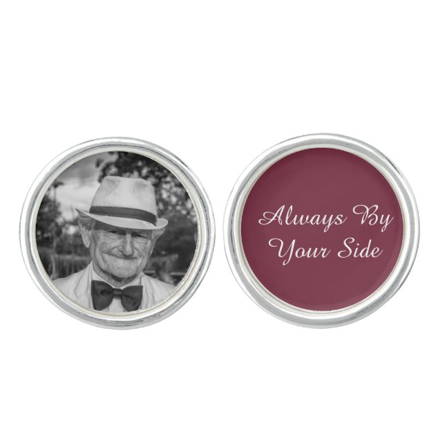 Custom Memorial Photo Text Groom Burgundy Red Cufflinks (Front)