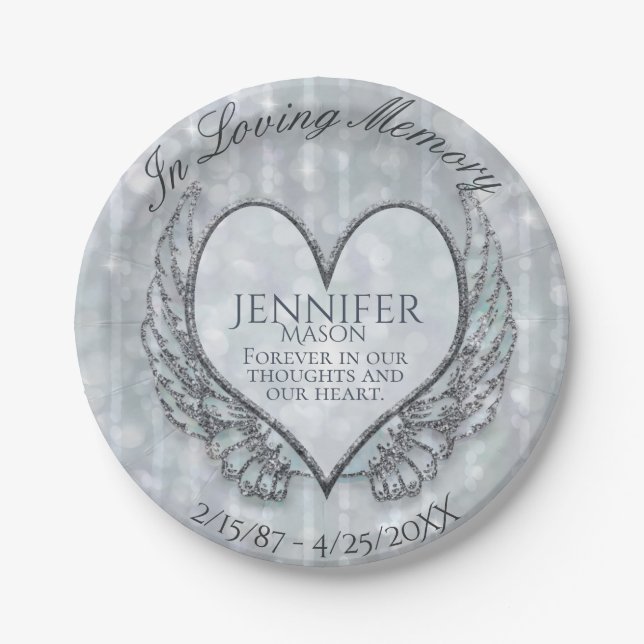 Custom Memorial Template Heart Wings Paper Plates (Front)