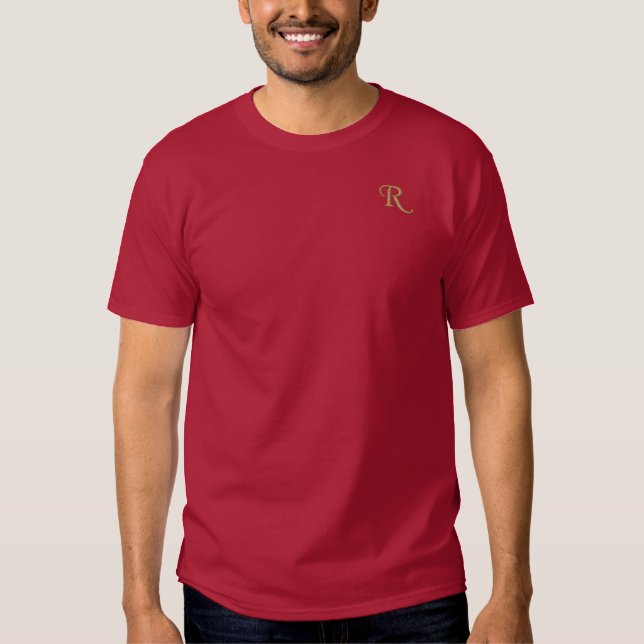 Custom Mens Gold Monogram Initials Christmas Red Embroidered T-Shirt (Front)