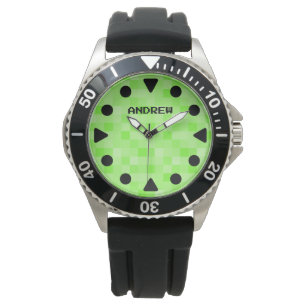 Custom men's watch with cool green pixelated dial