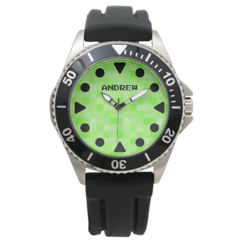 Custom mens watch with cool green pixelated dial
