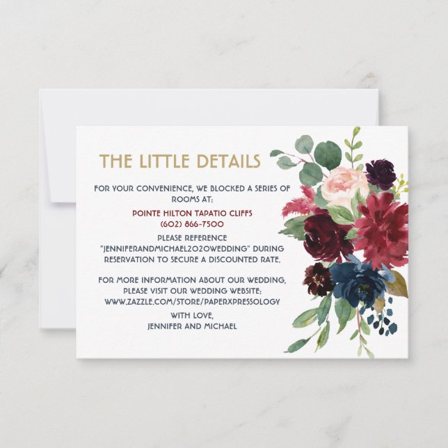 Custom Merlot Navy Floral Details Enclosure Info RSVP Card (Front)