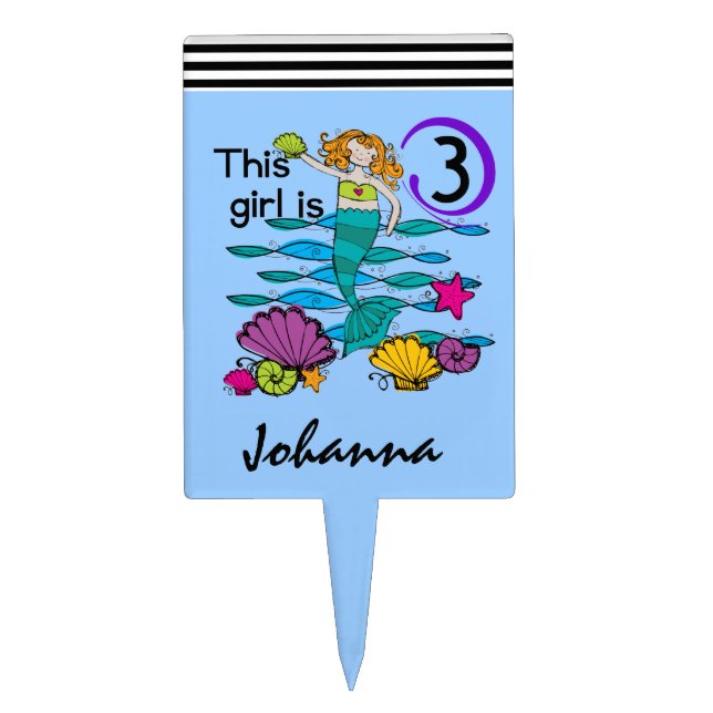 Custom Mermaid 3rd Birthday Cake Topper (Front)