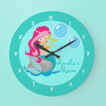 Custom Mermaid Girl Teal Large Clock<br><div class="desc">Beautiful turquoise mermaid bedroom wall clock with your child's name personalized in pretty teal script. This is a cute beach house kids room clock. Images by www.prettygrafik.com</div>