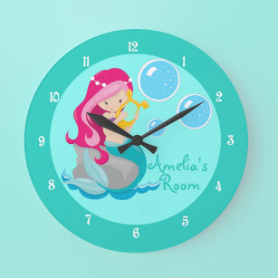 Custom Mermaid Girl Teal Large Clock