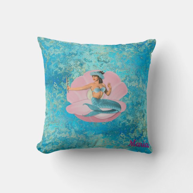 Custom, Mermaid in a Shell. Throw Pillow (Front)