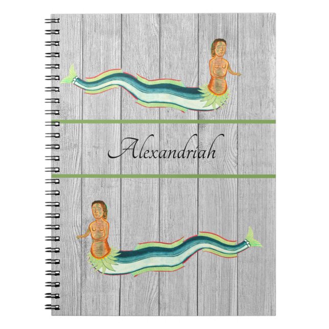 Custom Mermaid Lobster gray wood Coastal decor Notebook (Front)