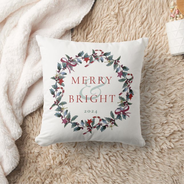 Custom Merry and Bright Christmas Wreath Gift Throw Pillow (Blanket)