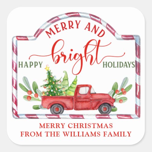 Custom Merry and Bright Vintage Red Truck Square Sticker