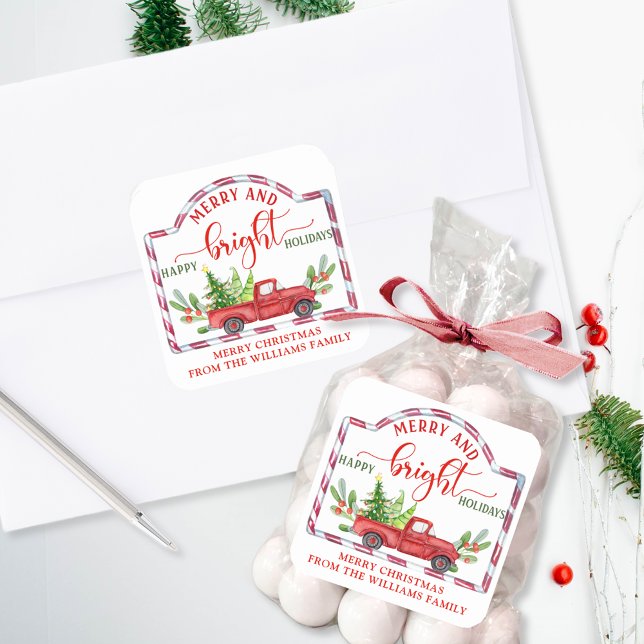 Custom, Merry and Bright, Vintage Red Truck Square Sticker (Creator Uploaded)