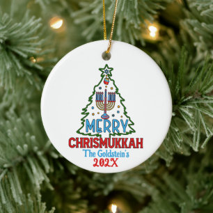 Custom Merry Chrismukkah Happy Hanukkah  Ceramic Ornament