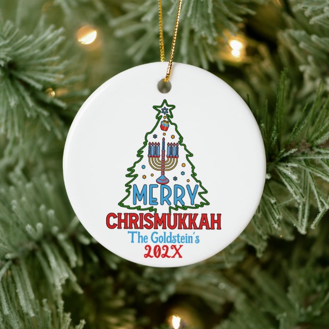 Custom Merry Chrismukkah Happy Hanukkah  Ceramic Ornament (Tree)
