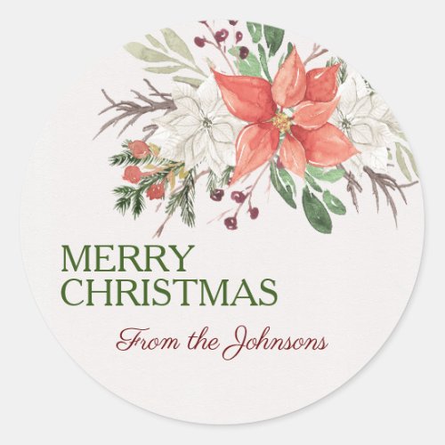 Custom Merry Christmas Add Name Watercolor Floral Classic Round Sticker