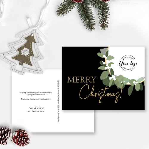 Custom Merry Christmas Company Logo Gold Wreath Holiday Postcard