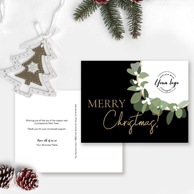 Custom Merry Christmas Company Logo Gold Wreath Holiday Postcard (Customizable logo, message, business name, return address Holiday Corporate card.)