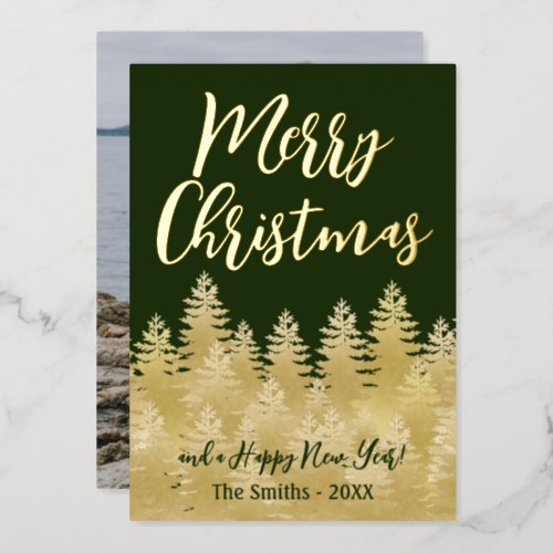 Custom Merry Christmas Dark Green Gold Pine Tree Foil Holiday Card