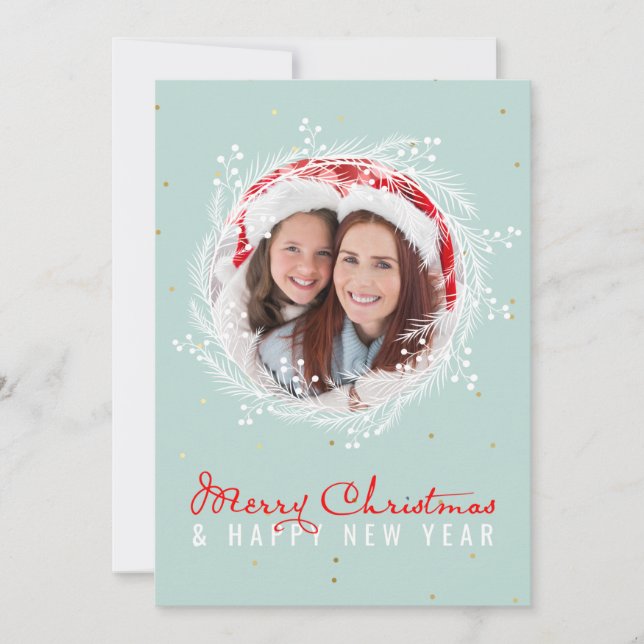 Custom Merry Christmas Family Photo White Red Blue Holiday Card (Front)
