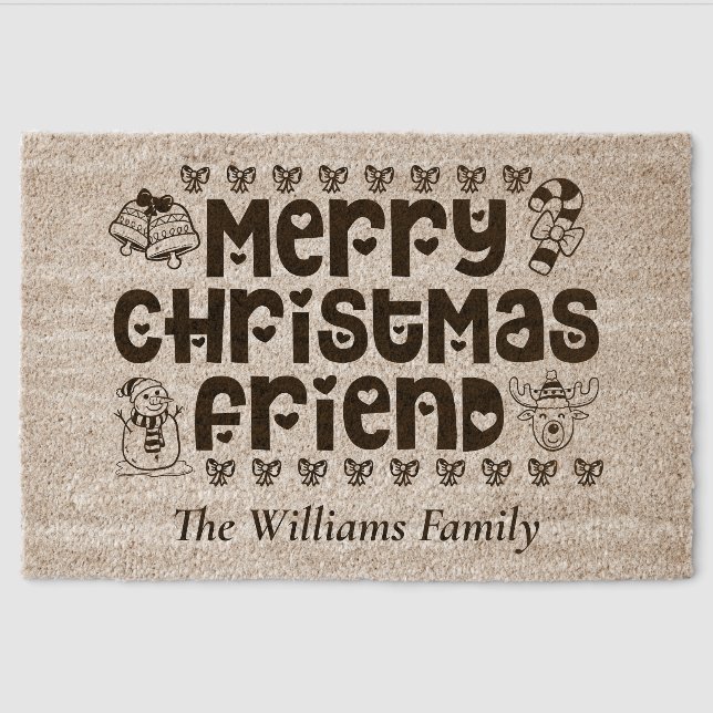Custom Merry Christmas Friend Snowman Holiday Coir Fiber Doormat (Front)