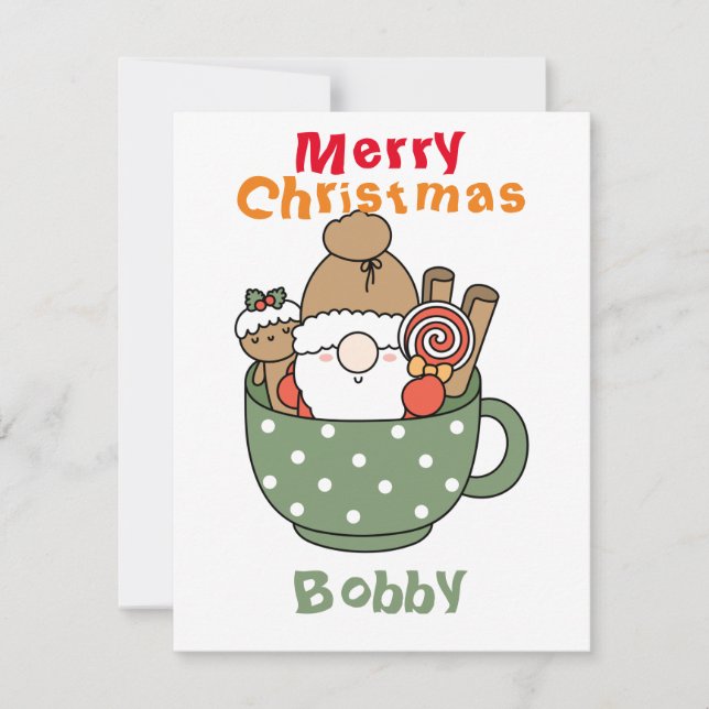Custom Merry Christmas Funny Santa in a mug green Note Card (Front)