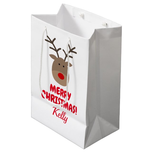 Custom Merry Christmas gift bag with cute reindeer (Front Angled)