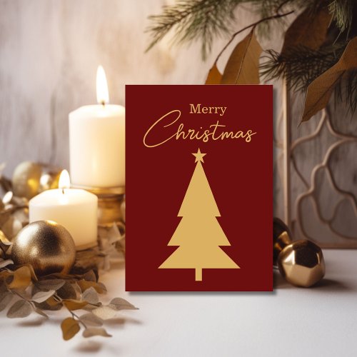 Custom Merry Christmas Gold Tree On Red Holiday Card