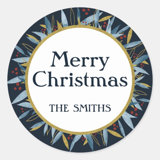 Custom Merry Christmas Golden Frame Classic Round Sticker (Front)