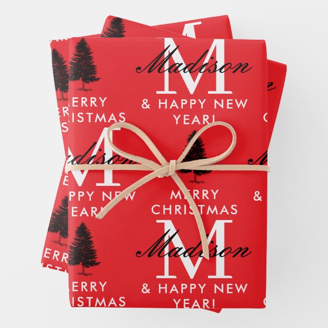 Custom Merry Christmas & Happy New Year Monogram Wrapping Paper Sheets (In situ)