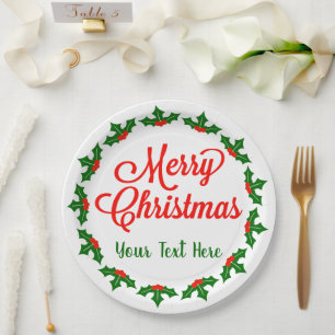 Custom Merry Christmas Holly Berry Paper Plates
