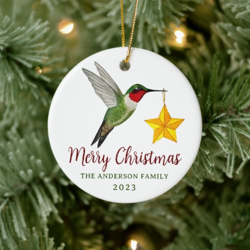 Custom Merry Christmas Hummingbird and Star Ceramic Ornament