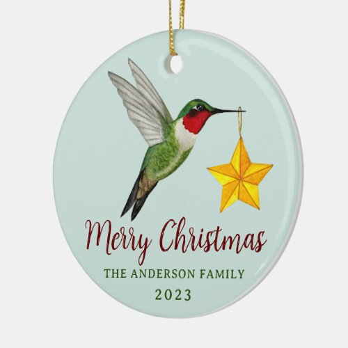 Custom Merry Christmas Hummingbird and Star Ceramic Ornament