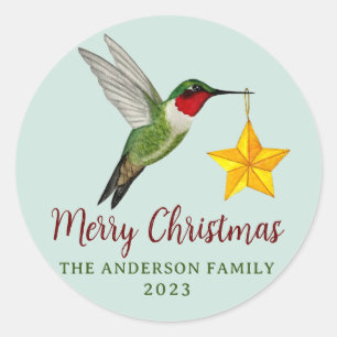 Custom Merry Christmas Hummingbird and Star Classic Round Sticker