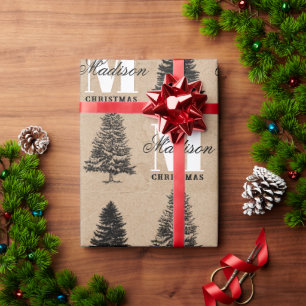 Custom Merry Christmas Kraft Vintage Monogram Wrapping Paper