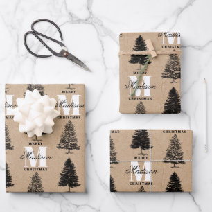 Custom Merry Christmas Kraft Vintage Monogram Wrapping Paper Sheets