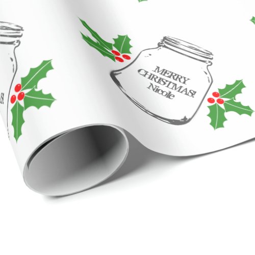 Custom Merry Christmas mason jar holly leafs matte Wrapping Paper