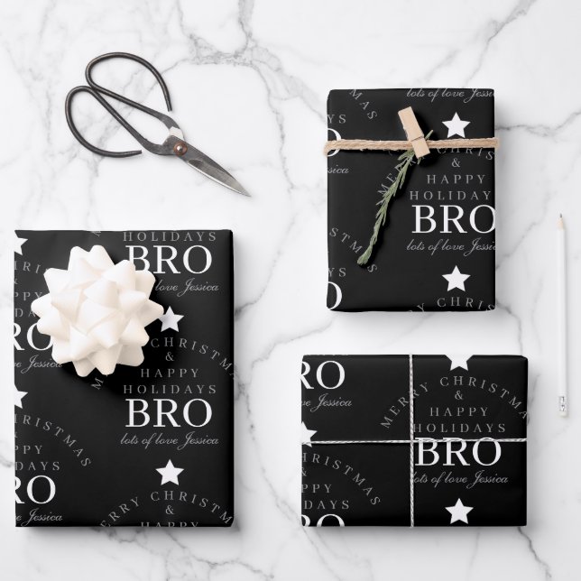 Custom Merry Christmas Monogram Brother Black Wrapping Paper Sheets (Front)