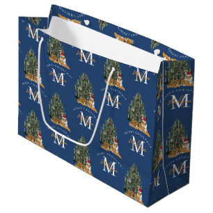 Custom Merry Christmas Monogram Tiger & Tree Blue Large Gift Bag
