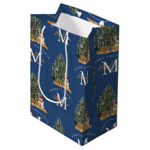 Custom Merry Christmas Monogram Tiger & Tree Blue Medium Gift Bag