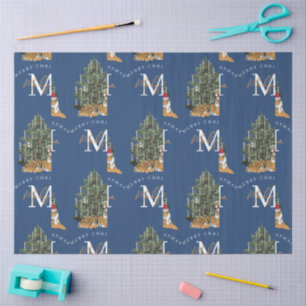 Custom Merry Christmas Monogram Tiger & Tree Blue Tissue Paper