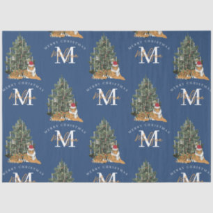 Custom Merry Christmas Monogram Tiger & Tree Blue Tissue Paper