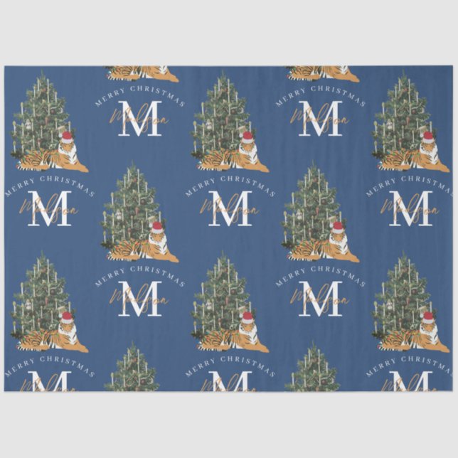 Custom Merry Christmas Monogram Tiger & Tree Blue Tissue Paper (Front)