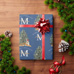 Custom Merry Christmas Monogram Tiger & Tree Blue Wrapping Paper