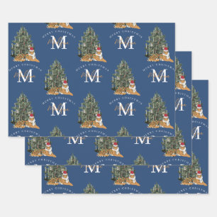 Custom Merry Christmas Monogram Tiger & Tree Blue Wrapping Paper Sheets