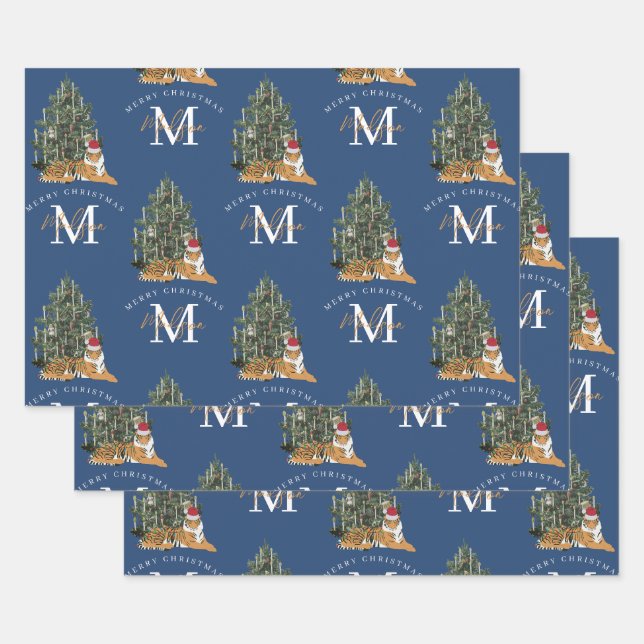 Custom Merry Christmas Monogram Tiger & Tree Blue Wrapping Paper Sheets (Set)