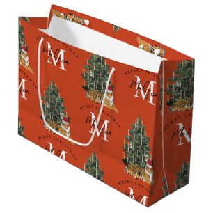Custom Merry Christmas Monogram Tiger & Tree Red Large Gift Bag