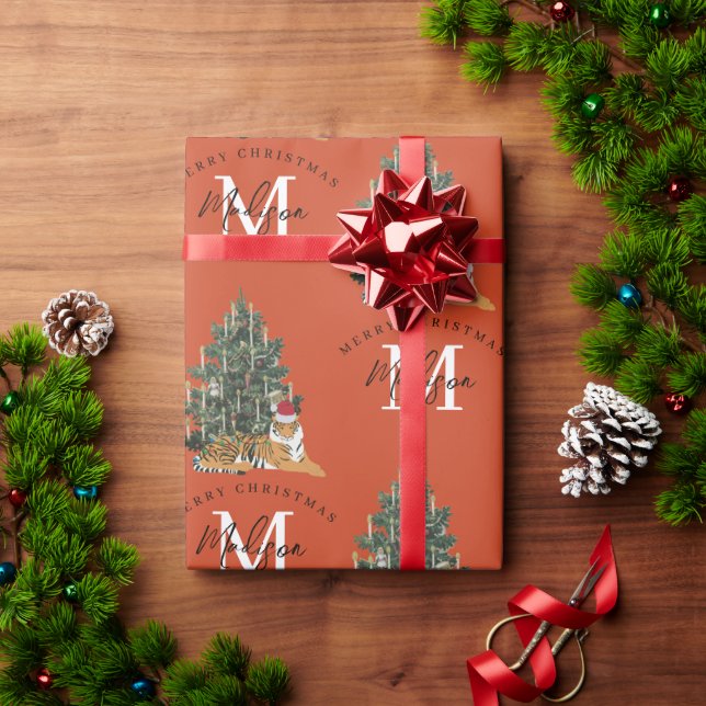 Custom Merry Christmas Monogram Tiger & Tree Red Wrapping Paper (Holiday Gift)