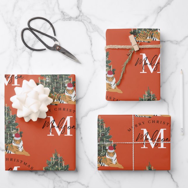 Custom Merry Christmas Monogram Tiger & Tree Red Wrapping Paper Sheets (Front)