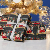 Custom Merry Christmas Photo Black Wrapping Paper