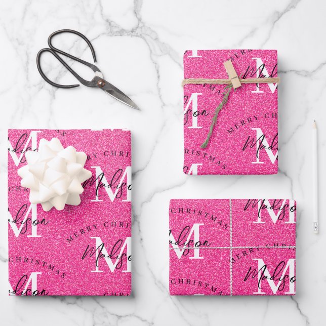 Custom Merry Christmas Pink Glitter Monogram  Wrapping Paper Sheets (Front)